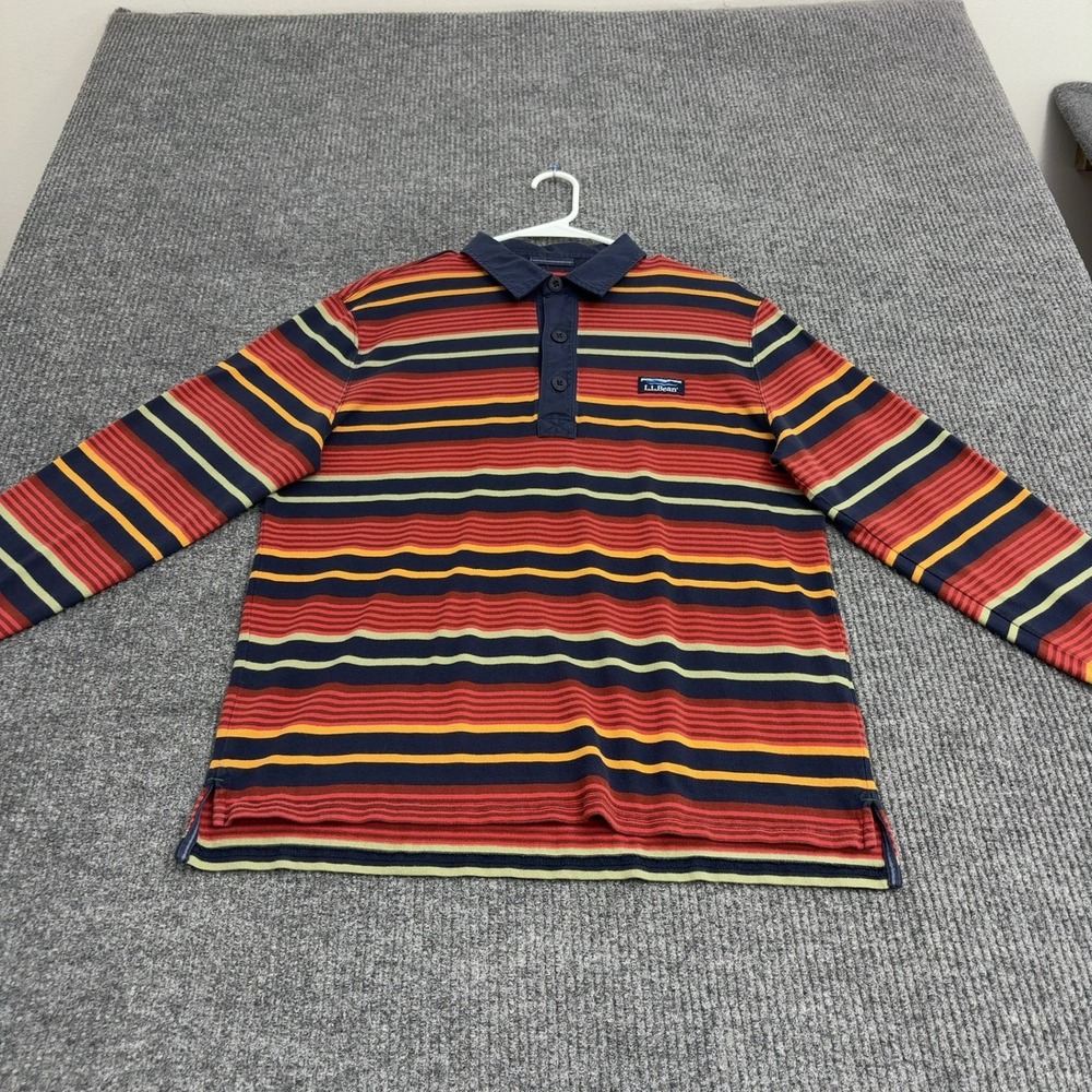 LL Bean Polo Shirt Mens M Multicolor Cotton Striped Long Sleeve Gorpcore